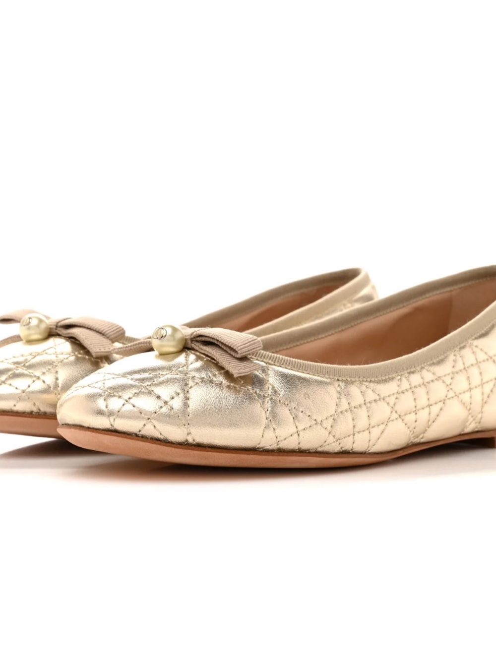 Christian Dior Metallic Lambskin Cannage Pearl Bow Ballet Flats Size 37 1/2